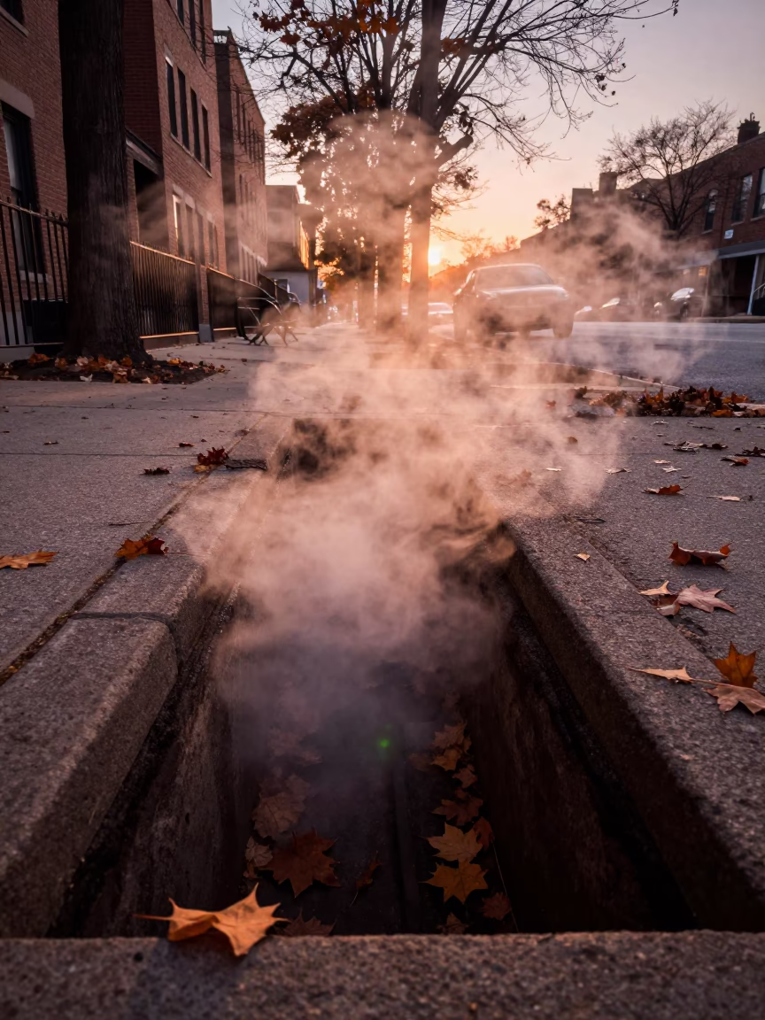 Steaming District Heating Trench Amidst Autumn Leaves in Copper Light Chicago Illinois in in Chicago, Illinois, United States