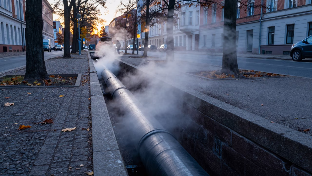 Steaming District Heating Trench in Berlin Before Sunrise with Autumn Leaves and Urban Infrastructure in in Berlin, Germany