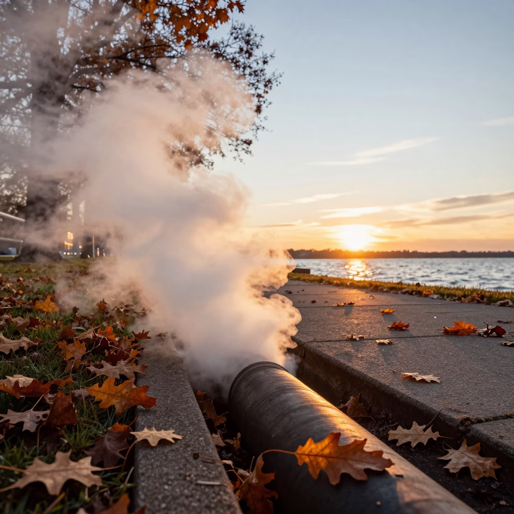 Steaming District Heating Trench in Chicago Autumn Leaves Near Lake Michigan Sunset in in Chicago, Illinois, United States