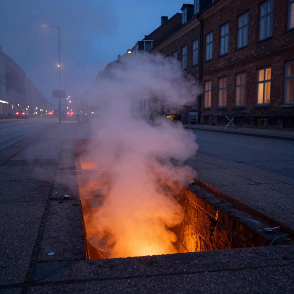 Steaming District Heating Trench in Copenhagen Before Dawn in in Copenhagen, Denmark
