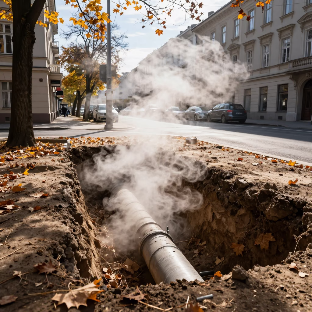 Steaming District Heating Trench in Vienna Austria Noon Sunlight Autumn Leaves in in Vienna, Austria
