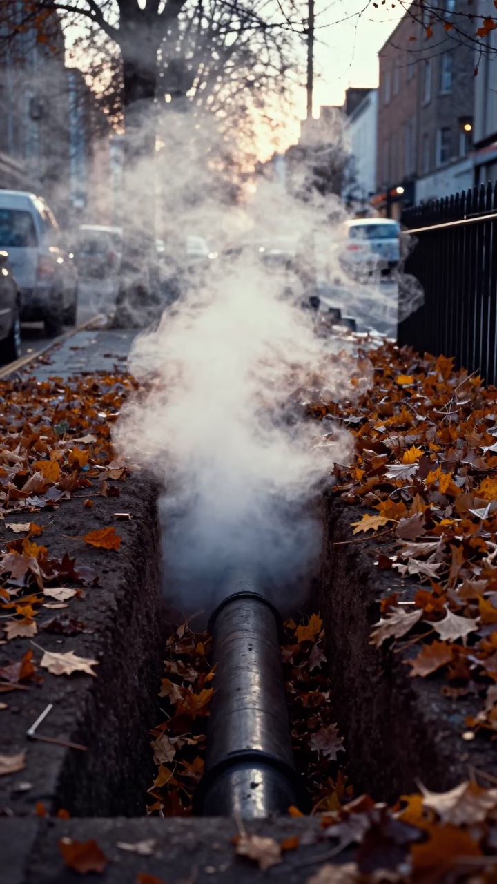 Steaming Dublin District Heating Pipe Trench Through Autumn Leaves in Late Afternoon in in Dublin, Ireland