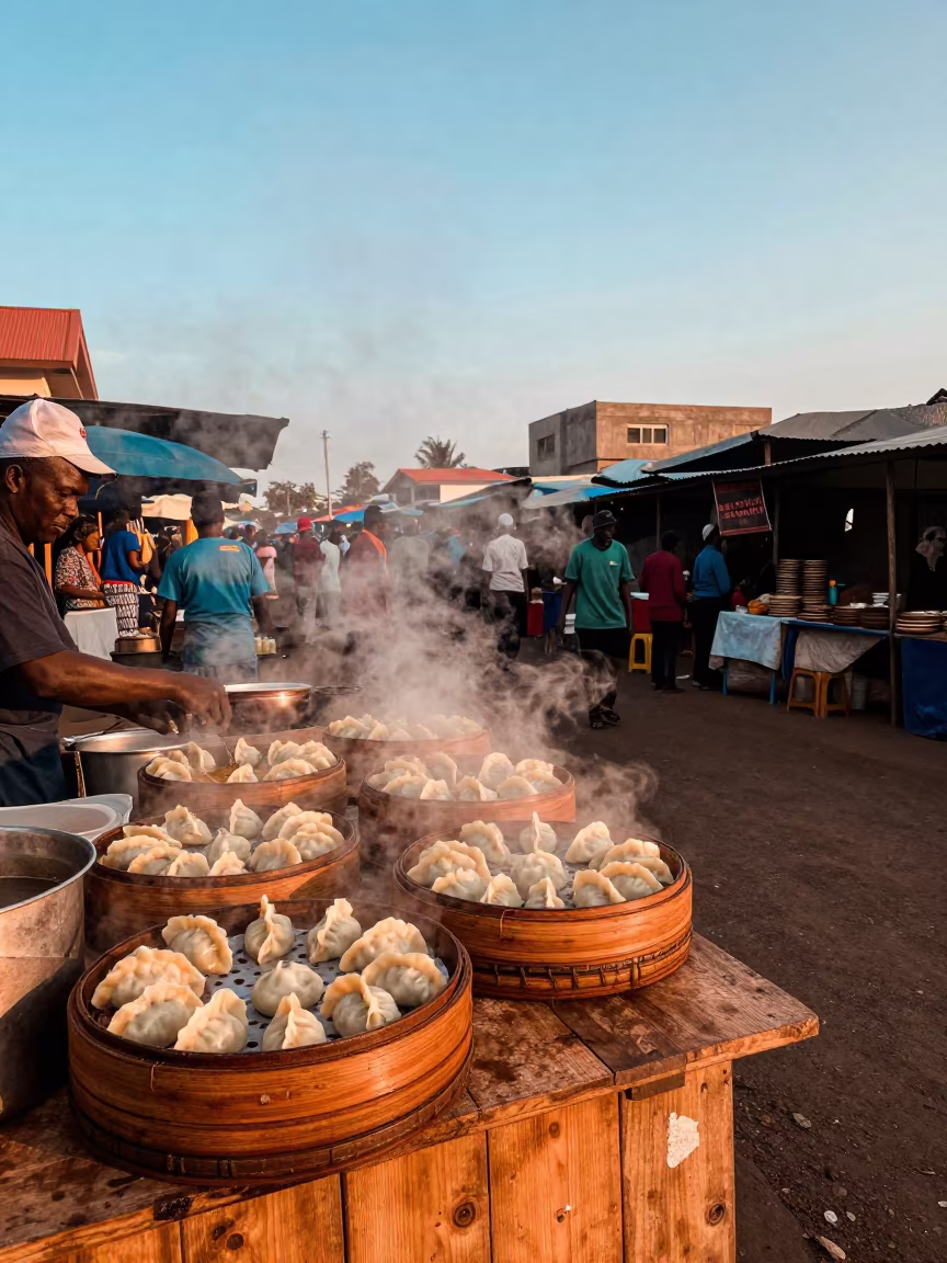 Steaming Dumplings in Bamboo Baskets Dar es Salaam Market in near Dar es Salaam