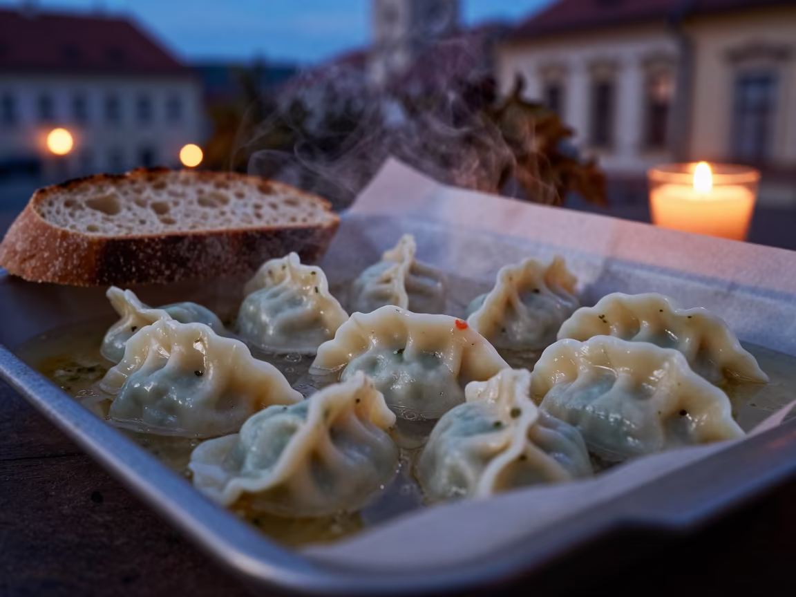 Steaming Dumplings and Bread at Blue Hour in Olomouc in on a parchment-lined pastry tray in Olomouc