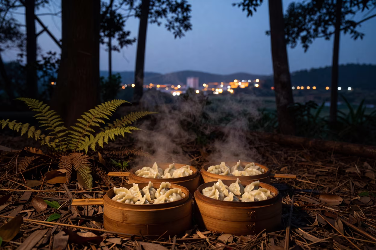 Steaming Dumplings on Fern Forest Floor Twilight in on a fern-lined forest floor near La Popa, Cartagena