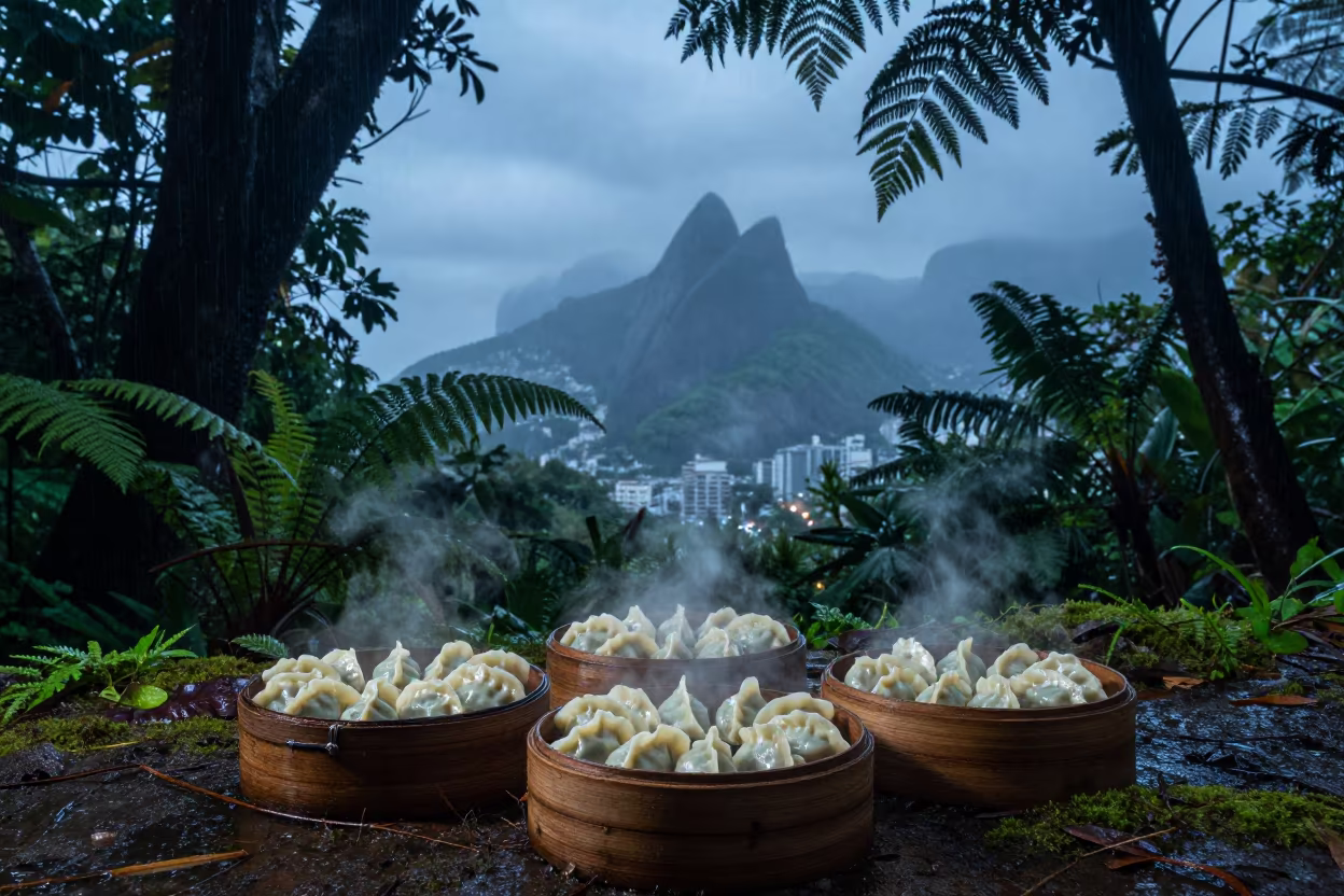 Steaming Dumplings in Fern Forest Rio Night in on a fern-lined forest floor near Ipanema, Rio de Janeiro