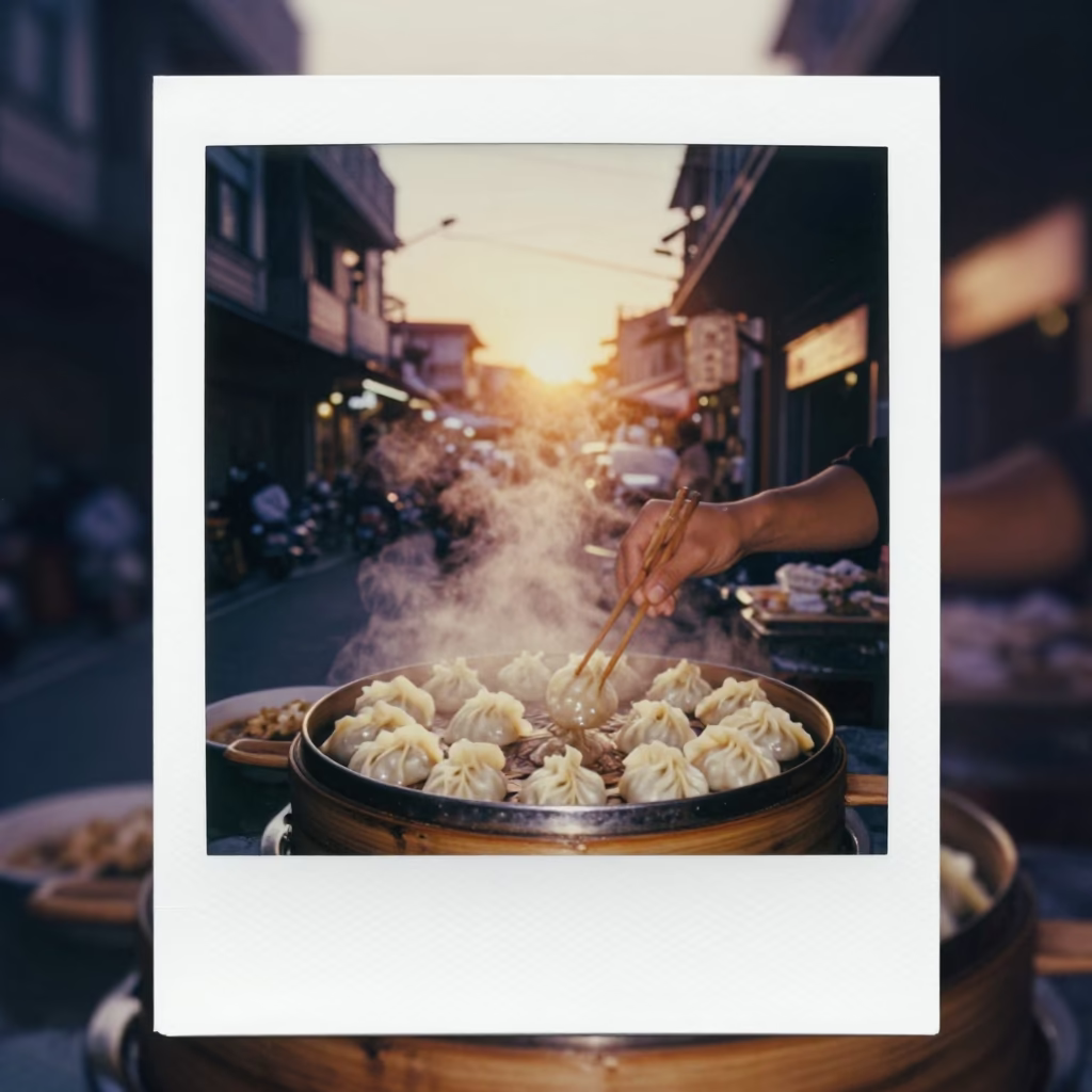 Steaming Dumplings in Tainan at As The Sun Drops Toward The Horizon in in Tainan, Taiwan