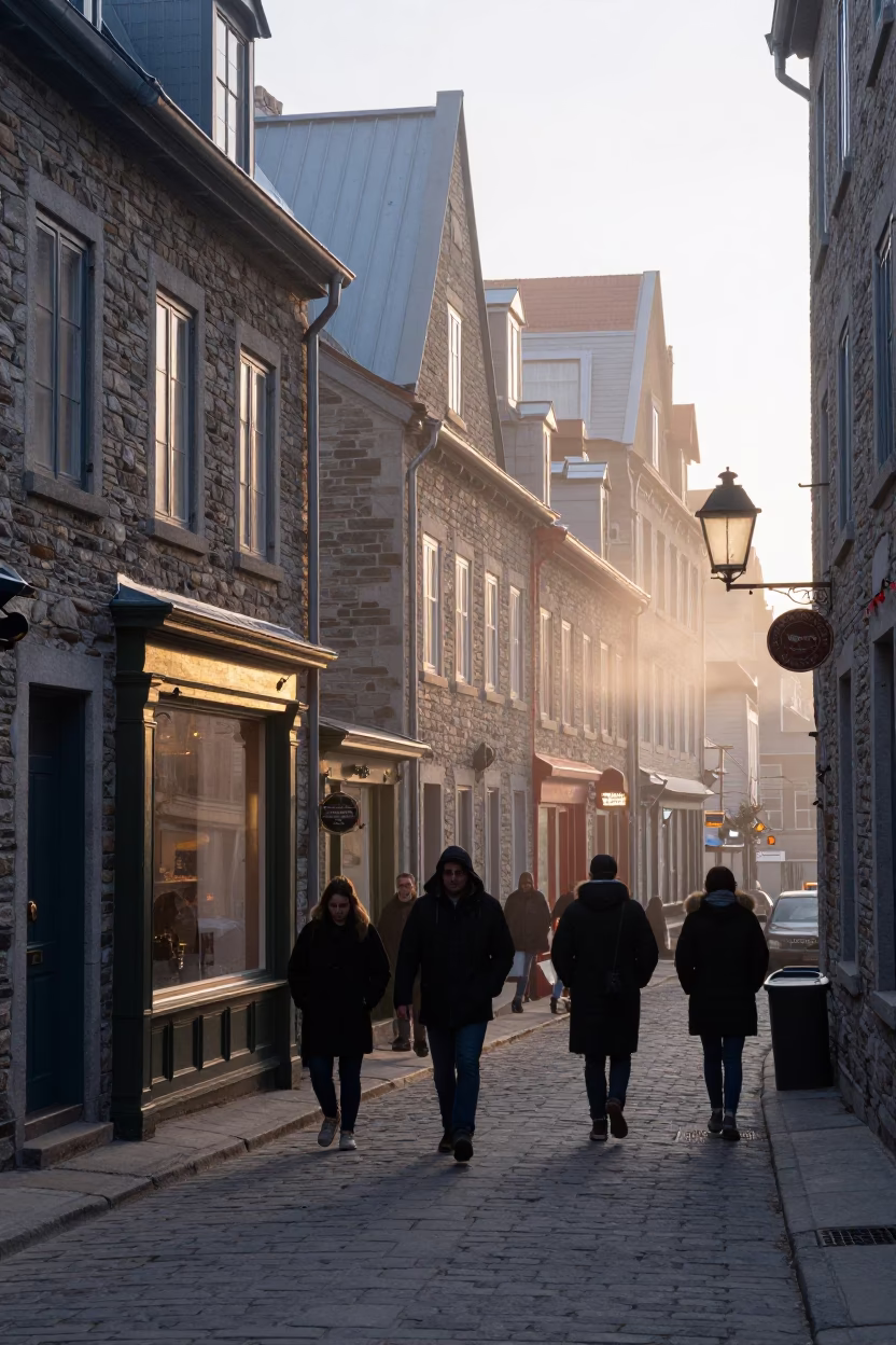 Steaming French Quarter Street Scene in Early Evening Quebec City in in Quebec City, Quebec, Canada