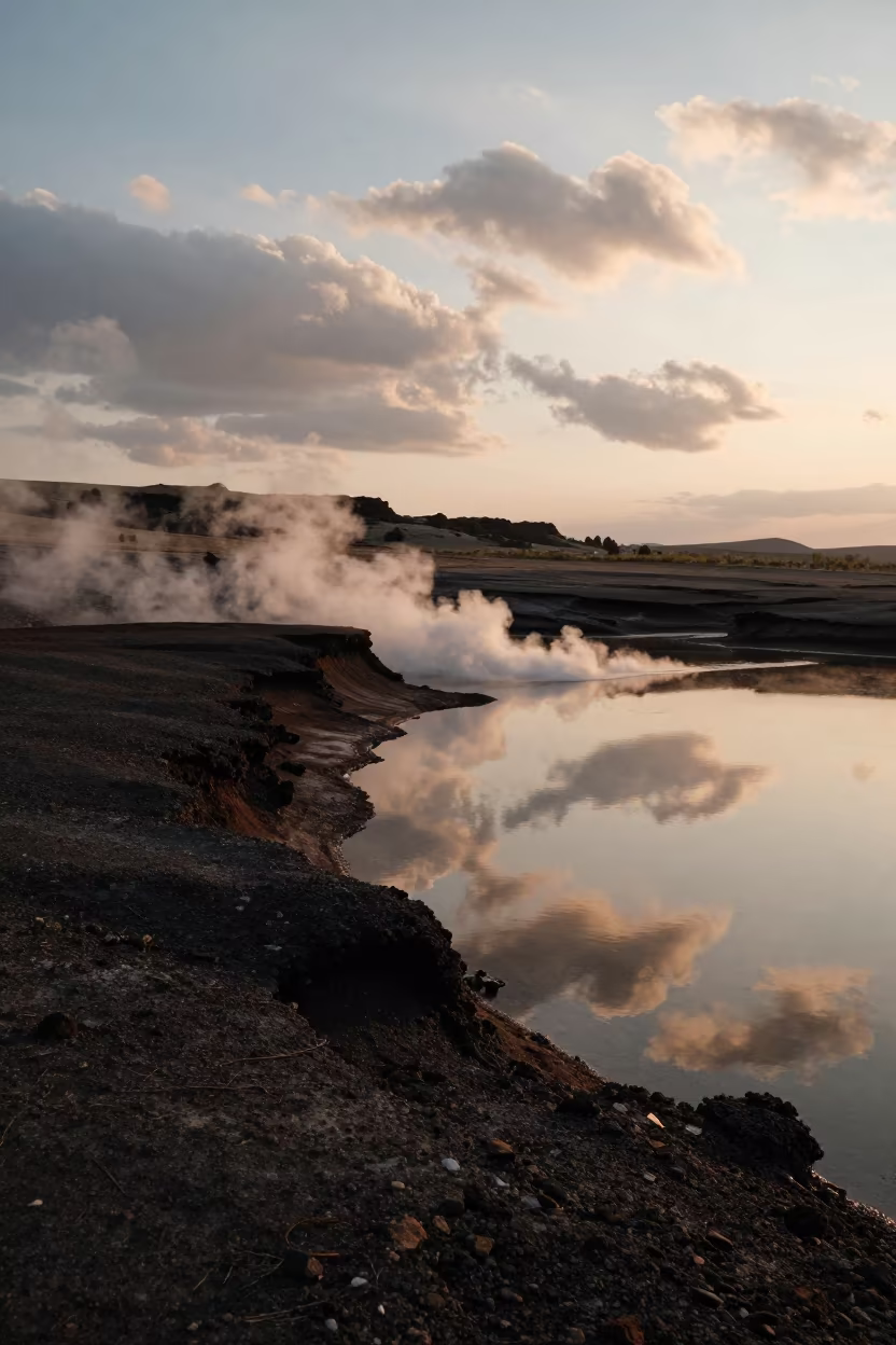 Steaming Fumaroles on Volcanic Shore at Dusk in along a wave-cut shoreline near Bishkek