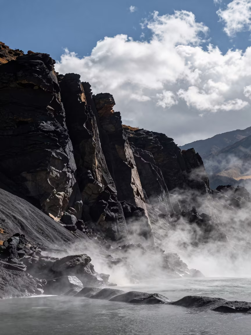 Steaming Fumaroles on Volcanic Shoreline Plateau in along a wave-cut shoreline in Uttarakhand