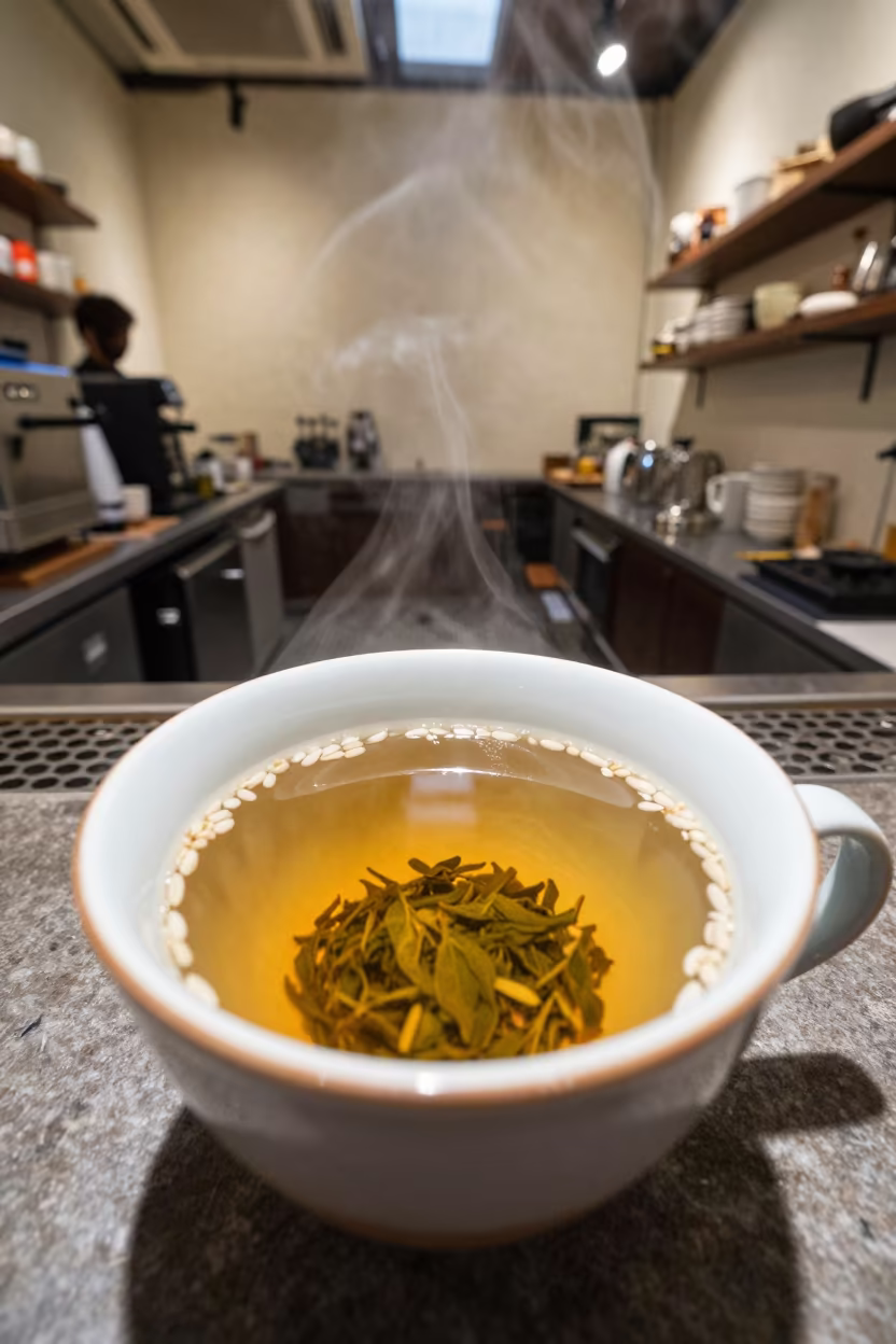 Steaming Genmaicha Tea on Kuala Lumpur Counter in at a coffee bar counter in Kuala Lumpur