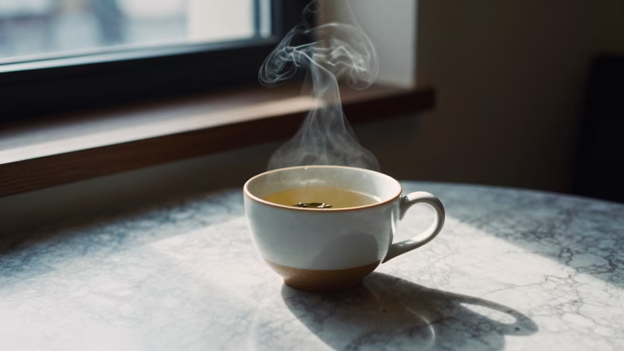 Steaming Genmaicha Tea on Marble Table in on a marble cafe table in Vadodara