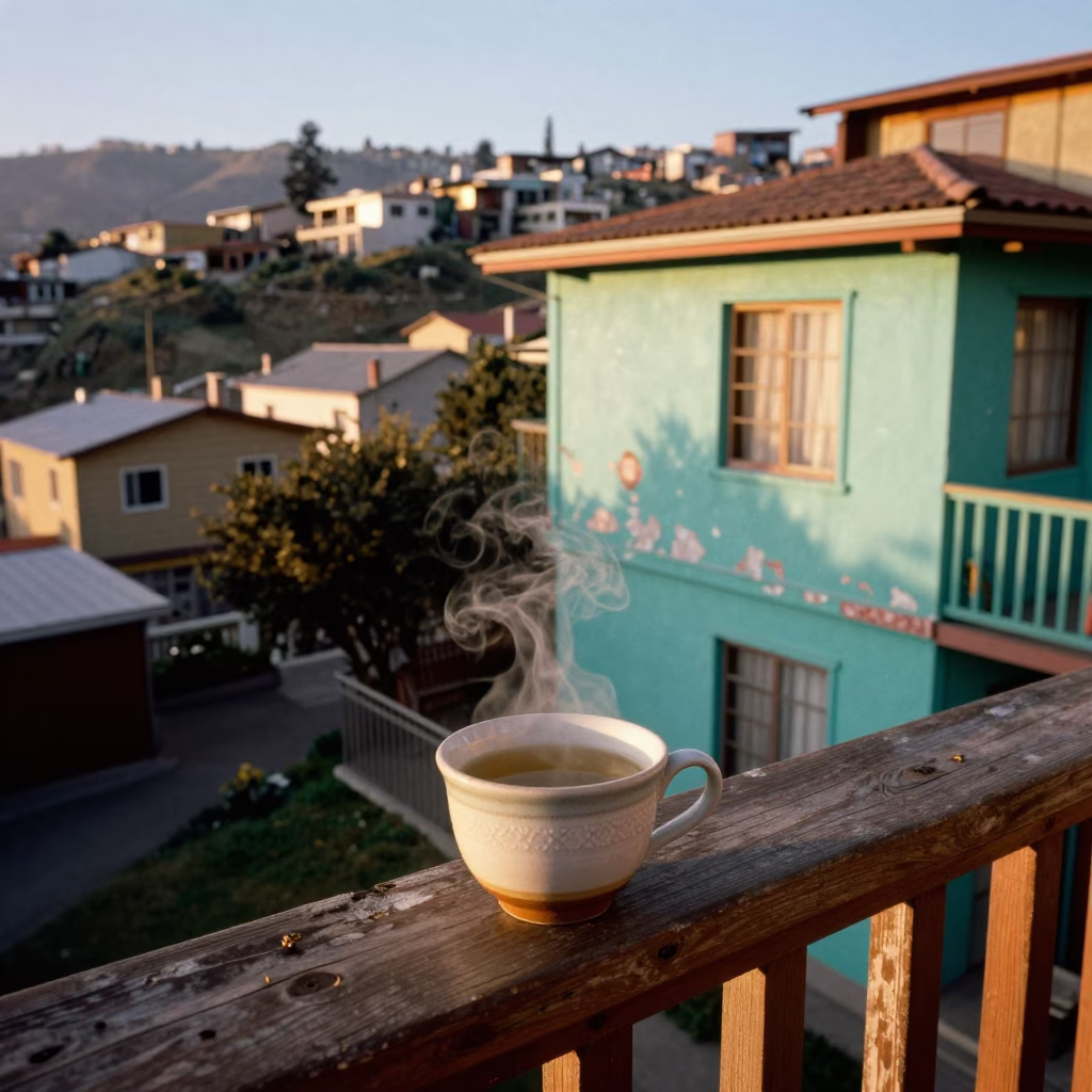 Steaming Genmaicha Tea on Colorful Balcony Overlooking Valparaiso Chile Hillside Homes in in Valparaiso, Chile