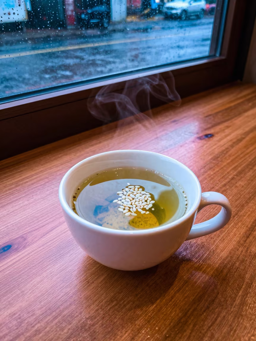 Steaming Genmaicha Tea in Tapachula Neon Light in on a small cafe table by a window in Tapachula de Córdova y Ordóñez