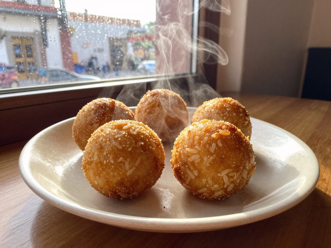 Steaming Golden Arancini on Ceramic Plate in on a ceramic plate by a window in Chihuahua