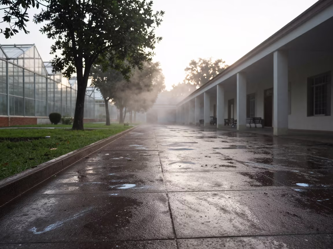 Steaming Greenhouse Path Morning Sun Culiacán in across a rain-washed campus courtyard in Culiacán