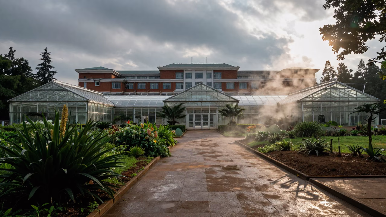 Steaming Greenhouse Path Morning Sun Kunming in outside a brick lecture building in Kunming