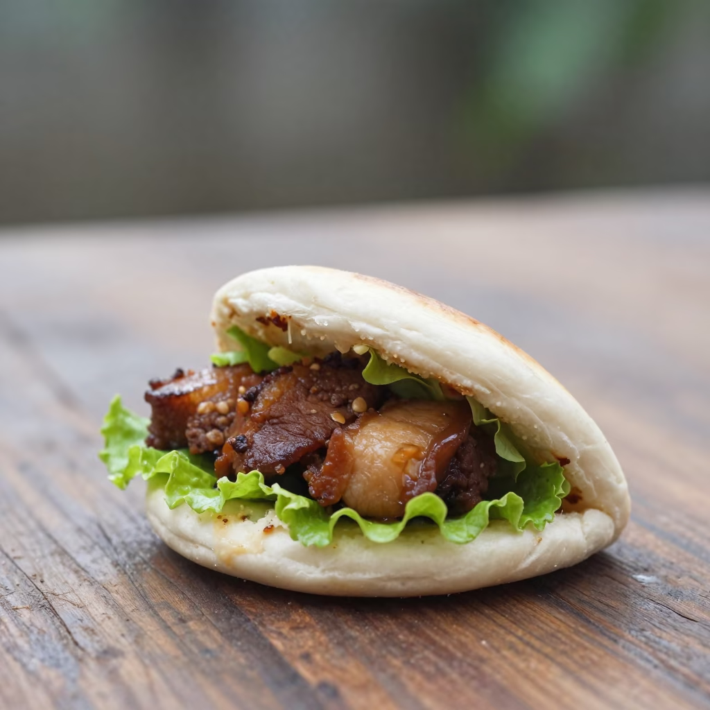Steaming Gua Bao with Braised Pork Belly in on a rustic wooden table in Chiclayo