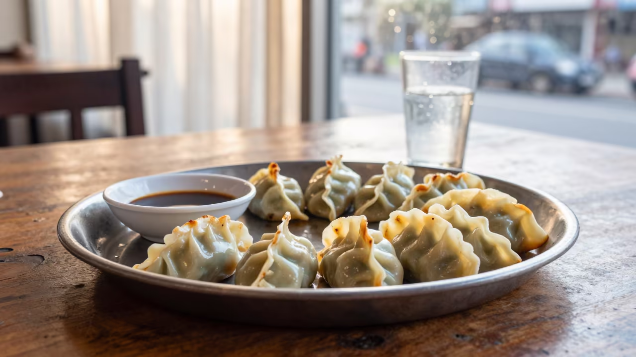 Steaming Gyoza Tray at Dehradun Diner Table in at a roadside diner table in Dehradun