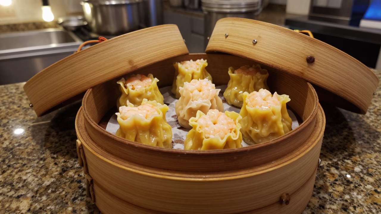 Steaming Har Gow in Bamboo Basket Bangkok Kitchen in on a kitchen worktop in Bangkok