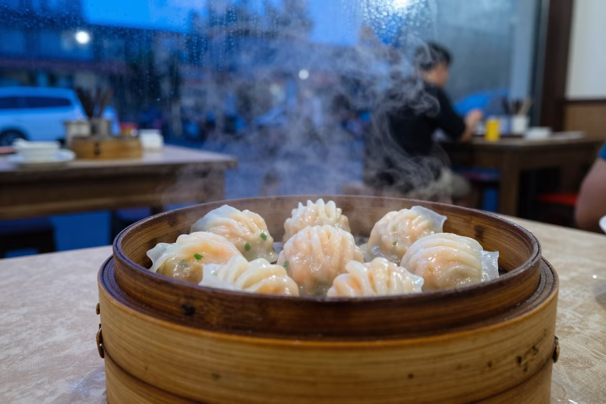 Steaming Har Gow Bamboo Basket Cholon in on a linen-covered restaurant table in Cholon, Ho Chi Minh City