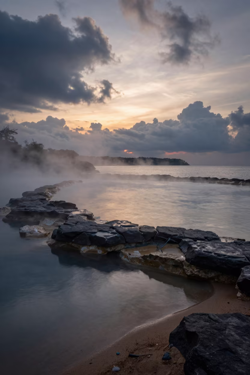 Steaming Hot Spring Sunset Thailand Shoreline in along a wave-cut shoreline in Thailand