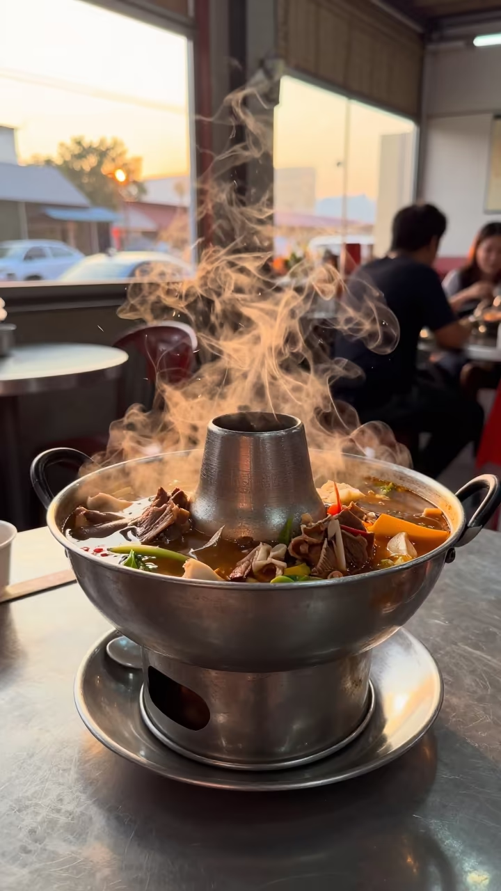 Steaming Hotpot in Bangkok Diner in at a roadside diner table in Bangkok