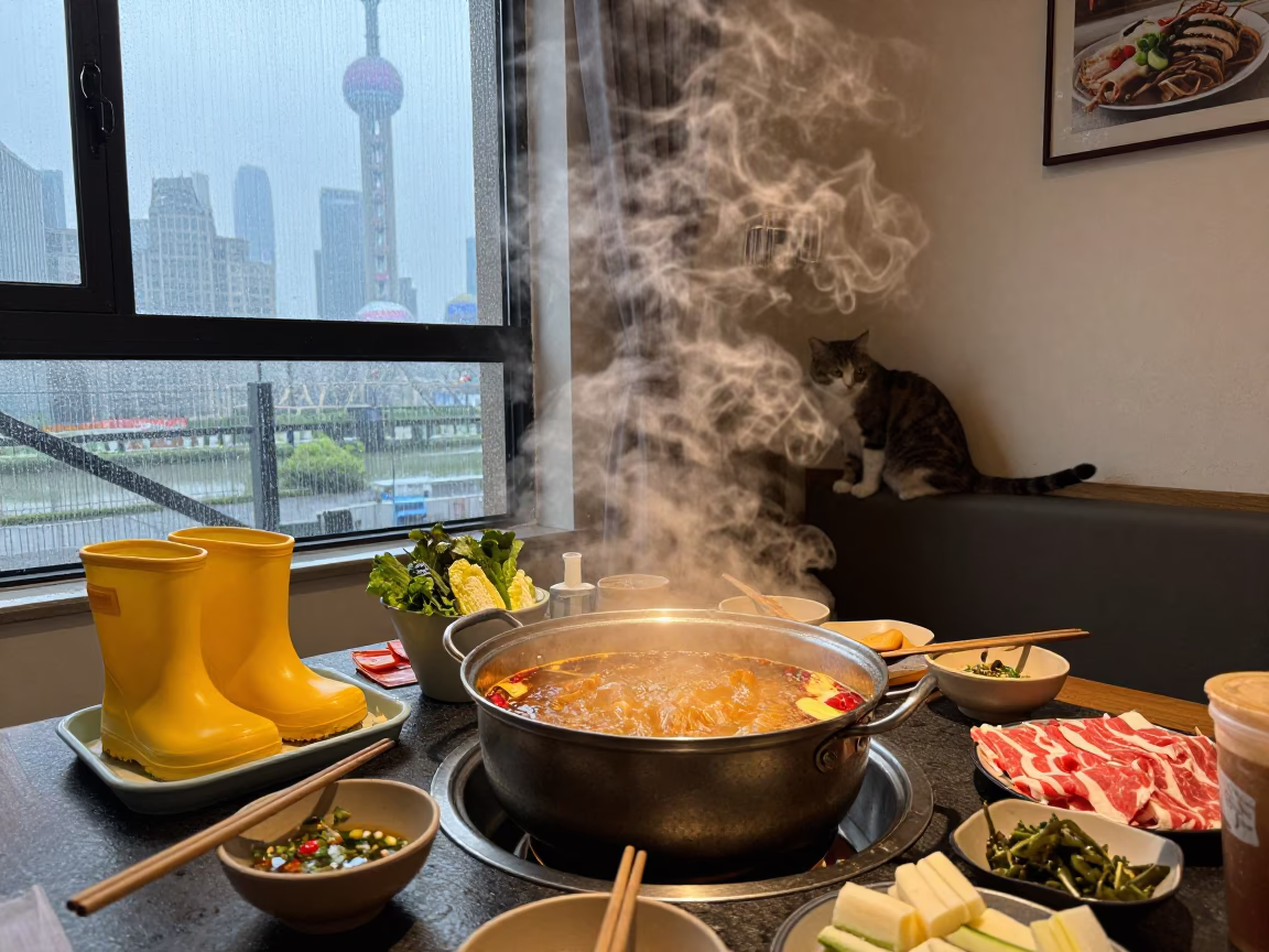 Steaming Hotpot Dinner in Shanghai Apartment with Cat and Rain Boots During Honeyed Evening in in Shanghai, China