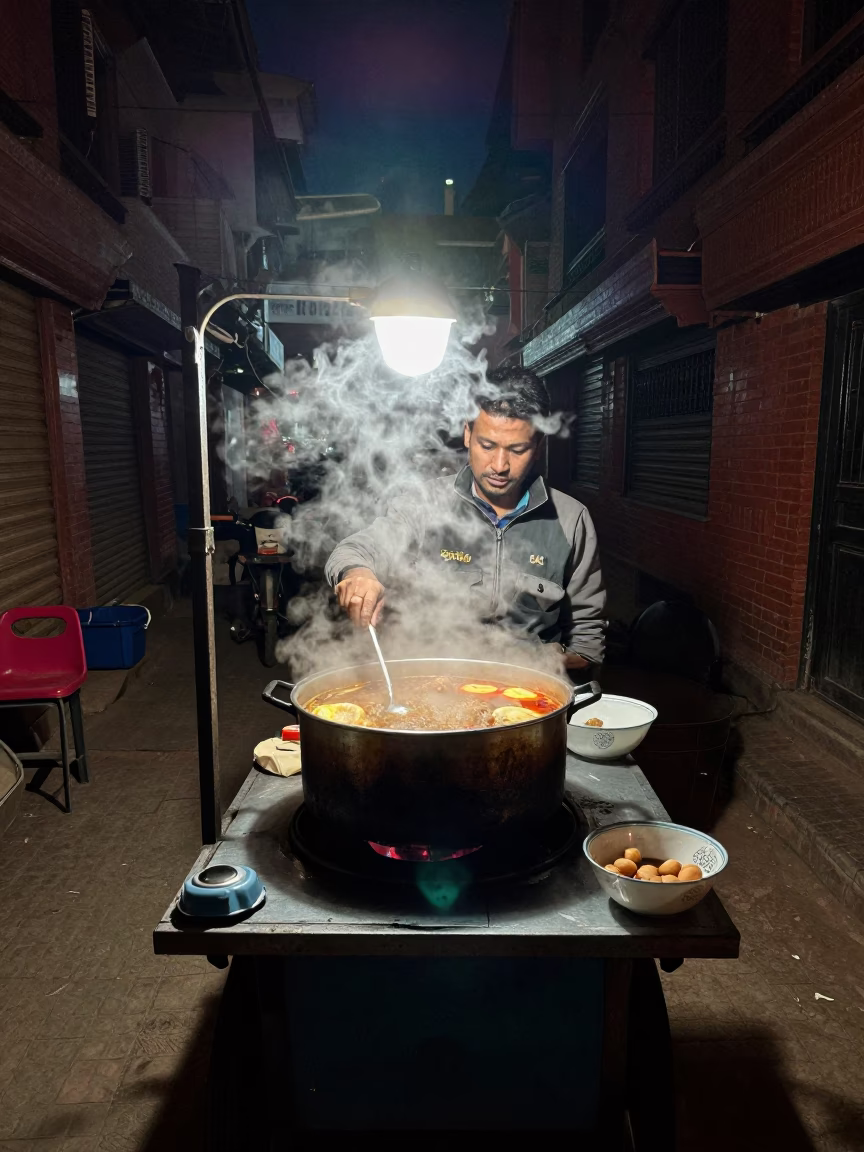 Steaming Hotpot in Kathmandu at Deep In The Night Light in in Kathmandu, Nepal