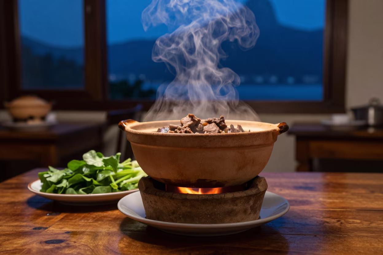 Steaming Hotpot on Rustic Table in Santa Teresa in on a rustic wooden table in Santa Teresa, Rio de Janeiro
