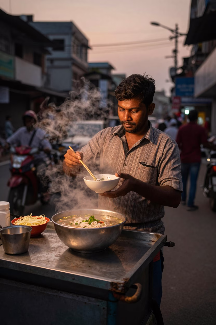 Steaming Indian Street Food Vendor in Copper Dusk Light Kolkata India in in Kolkata, India