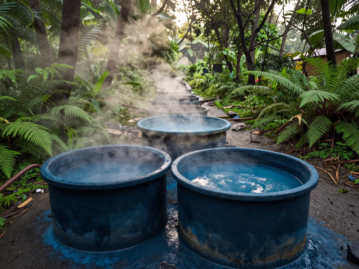 Steaming Indigo Vats on Fern Forest Floor in on a fern-lined forest floor near Kanpur