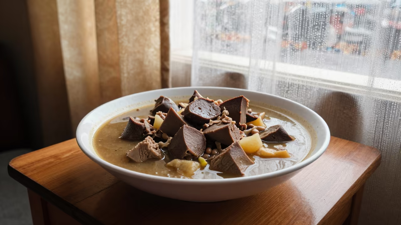 Steaming Kazakh Kuyrdak Stew in Monsoon Light in on a small dining table by a window in Nouakchott