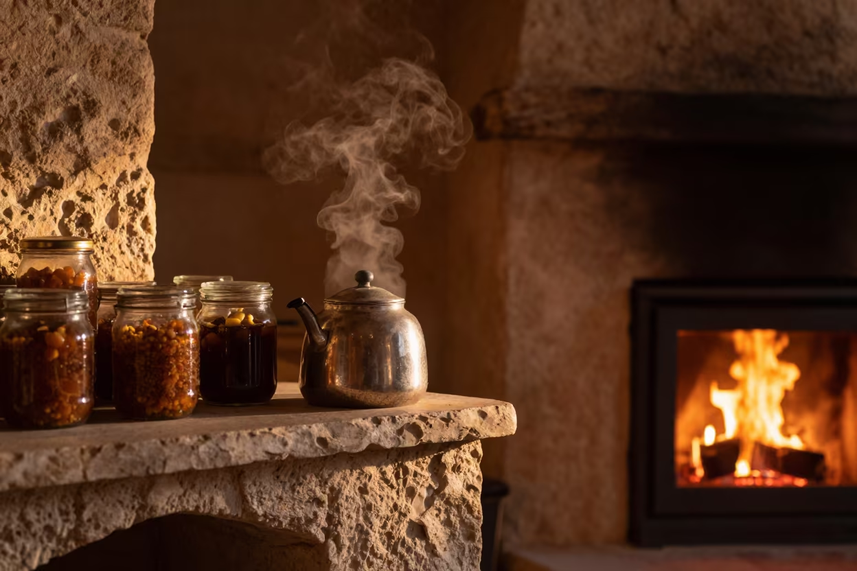 Steaming Kettle Amber Light Moroccan Pantry in by a crackling fireplace near Ait Melloul
