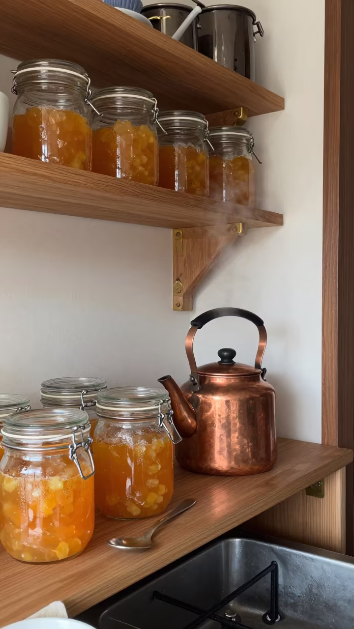 Steaming Kettle Beside Marmalade Jars in in a cozy kitchen in Shinsekai, Osaka