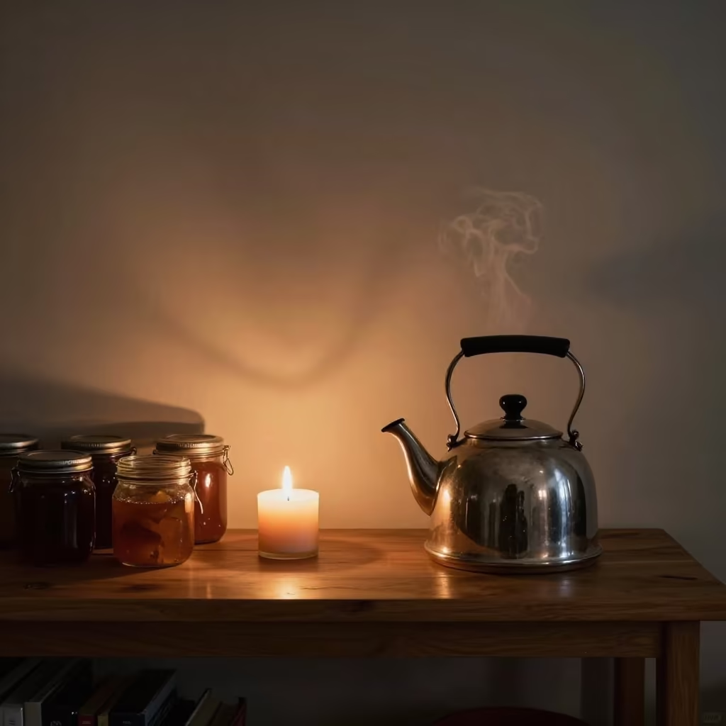 Steaming Kettle and Marmalade Jars in Candlelight in in a sunlit living room in Nacala