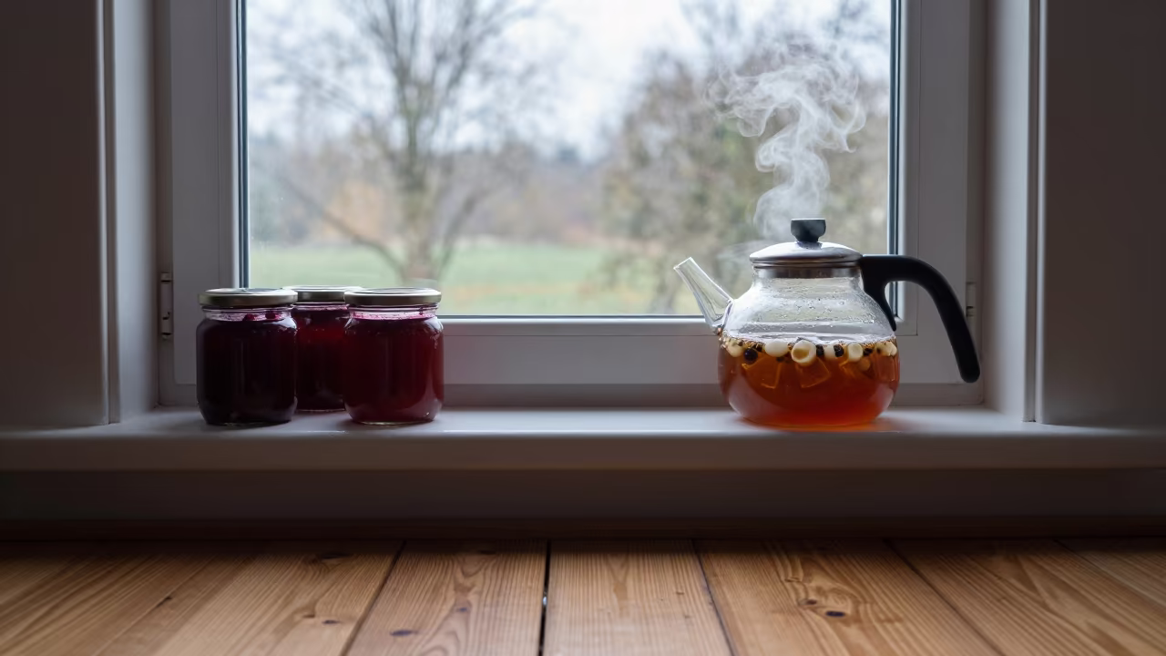 Steaming Kettle and Marmalade Jars Dawn Light in on a window seat near Akure