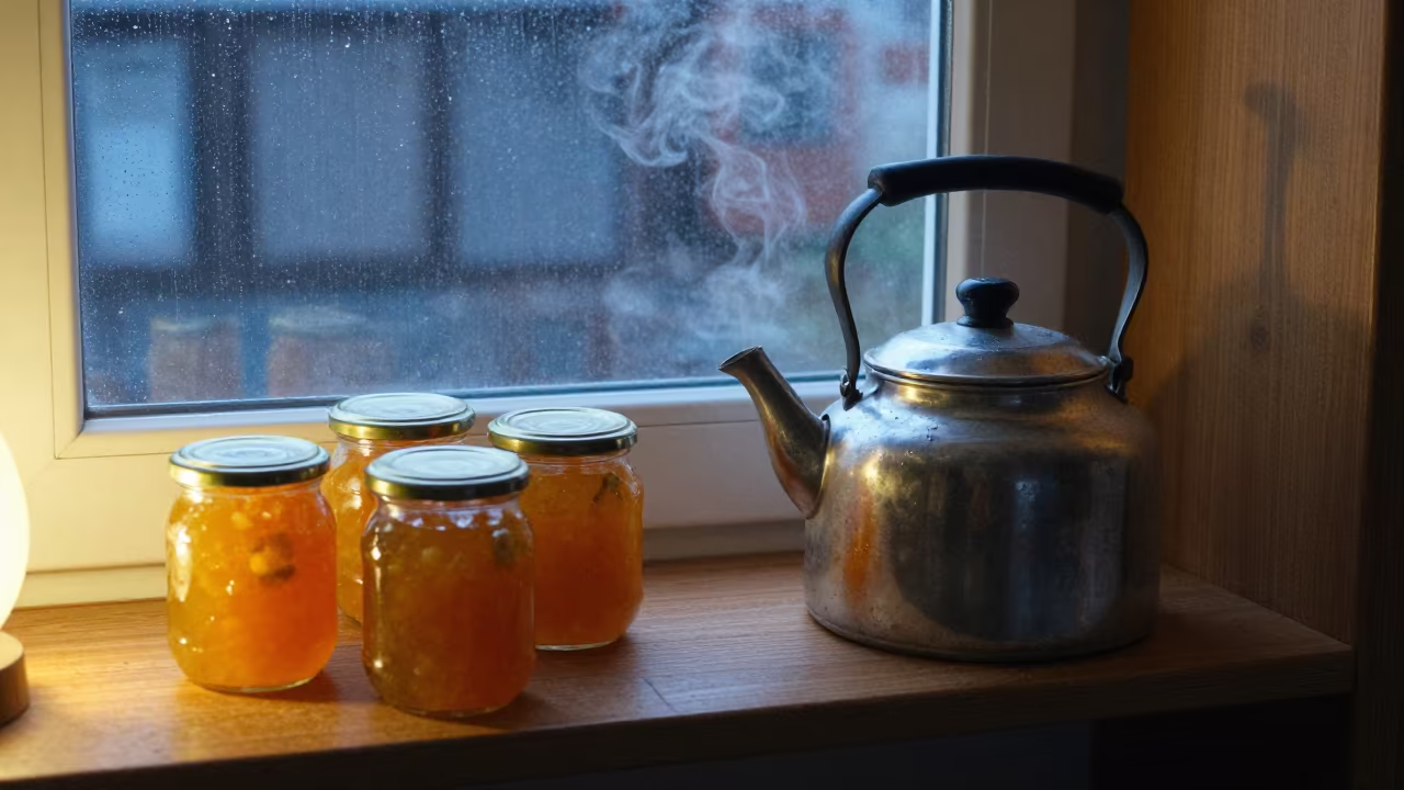 Steaming Kettle and Marmalade Jars on Pantry Shelf in beside a rain-streaked window in Afyonkarahisar