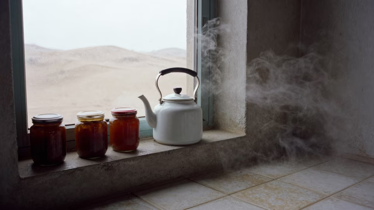 Steaming Kettle and Marmalade Jars on Window Seat in on a window seat near Jinan