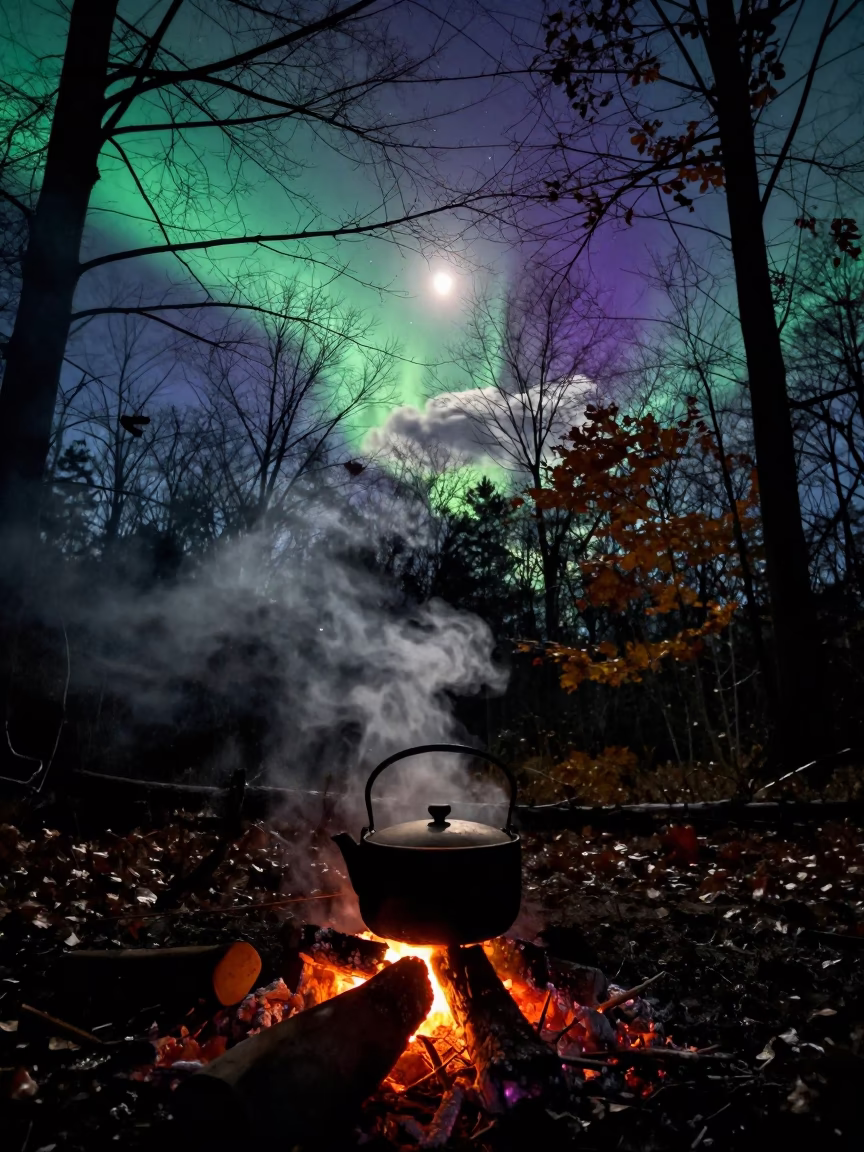 Steaming Kettle Under Northern Lights in Autumn Night in beneath thin cloud gaps and stars in Connecticut