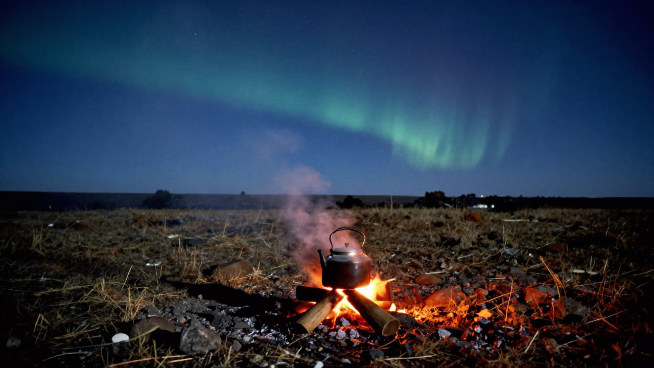 Steaming Kettle Under Northern Lights Near Jijiga in under a band of cold starlight near Jijiga