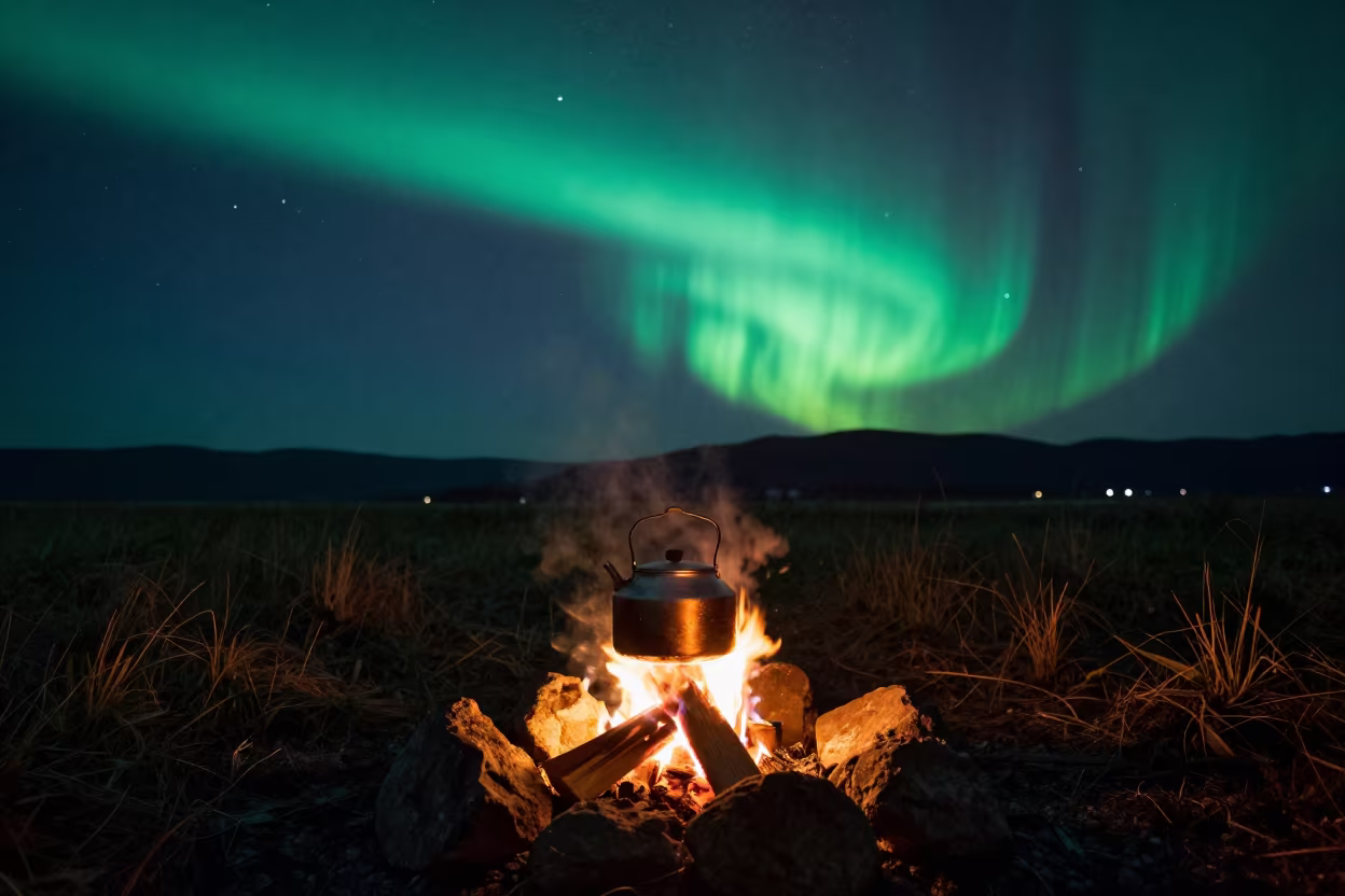 Steaming Kettle Under Northern Lights Near Kobe in near Kobe