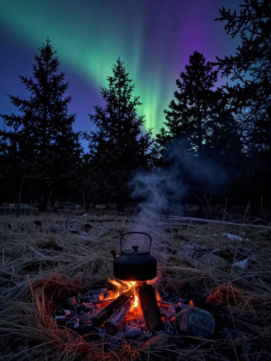 Steaming Kettle Under Aurora in Alpine Night in from a quiet alpine saddle in Pernambuco