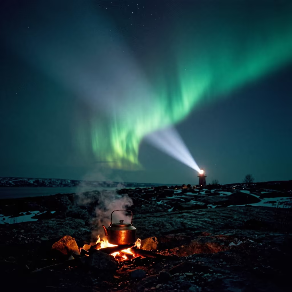 Steaming Kettle Under Northern Lights Sweden in beneath a wind-cut desert escarpment in Sweden