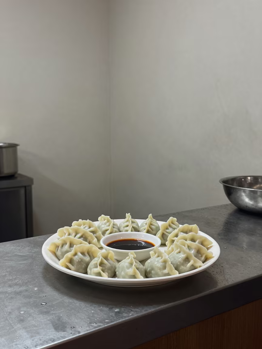 Steaming Mandu Dumplings at Grand-Zattry Market Stall in at a market stall counter in Grand-Zattry