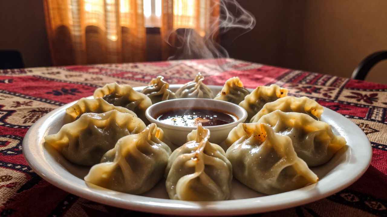 Steaming Mandu Dumplings on Picnic Blanket in on a picnic blanket in Nouakchott