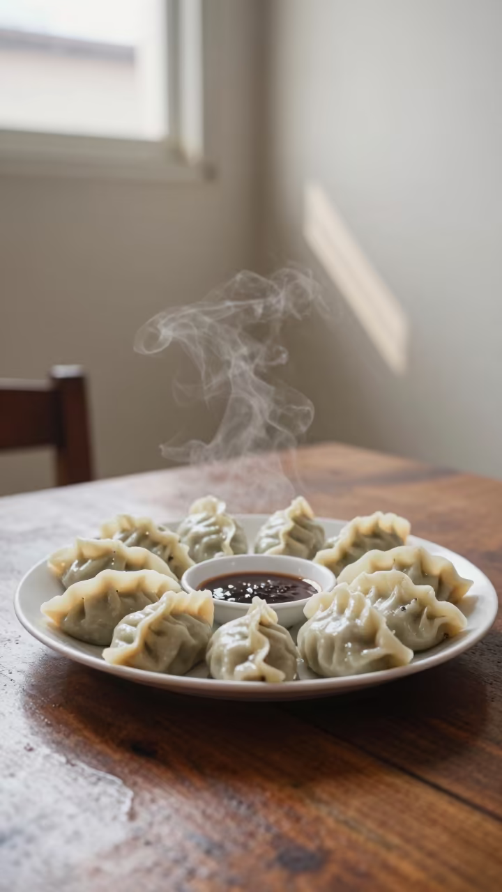 Steaming Mandu Dumplings Rainy Morning Campinas in on a rustic wooden table in Campinas