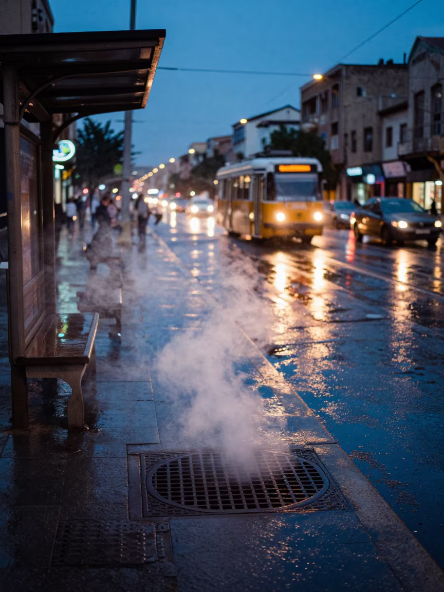 Steaming Manhole at Tehran Tram Stop Twilight in at a tram stop in Grand Bazaar, Tehran