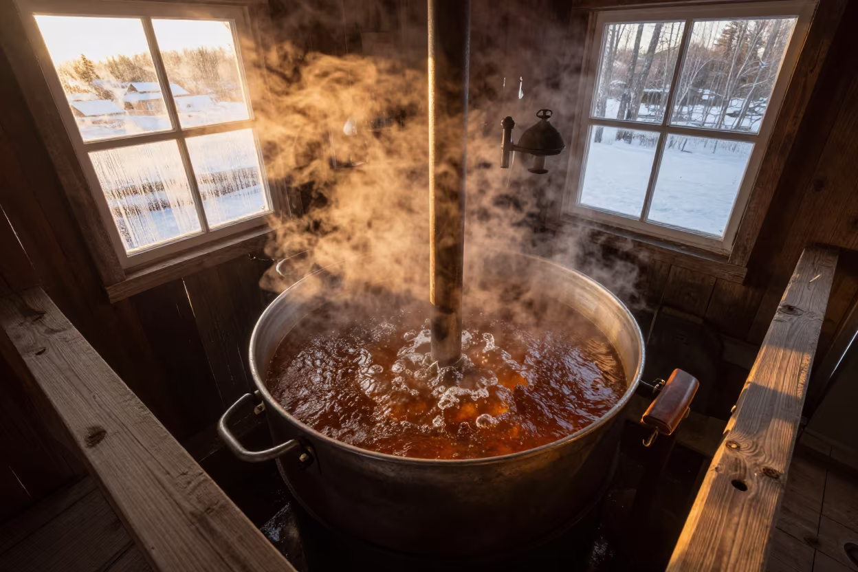 Steaming Maple Evaporator on Pier Railing in on a pier railing in Grand-Zattry