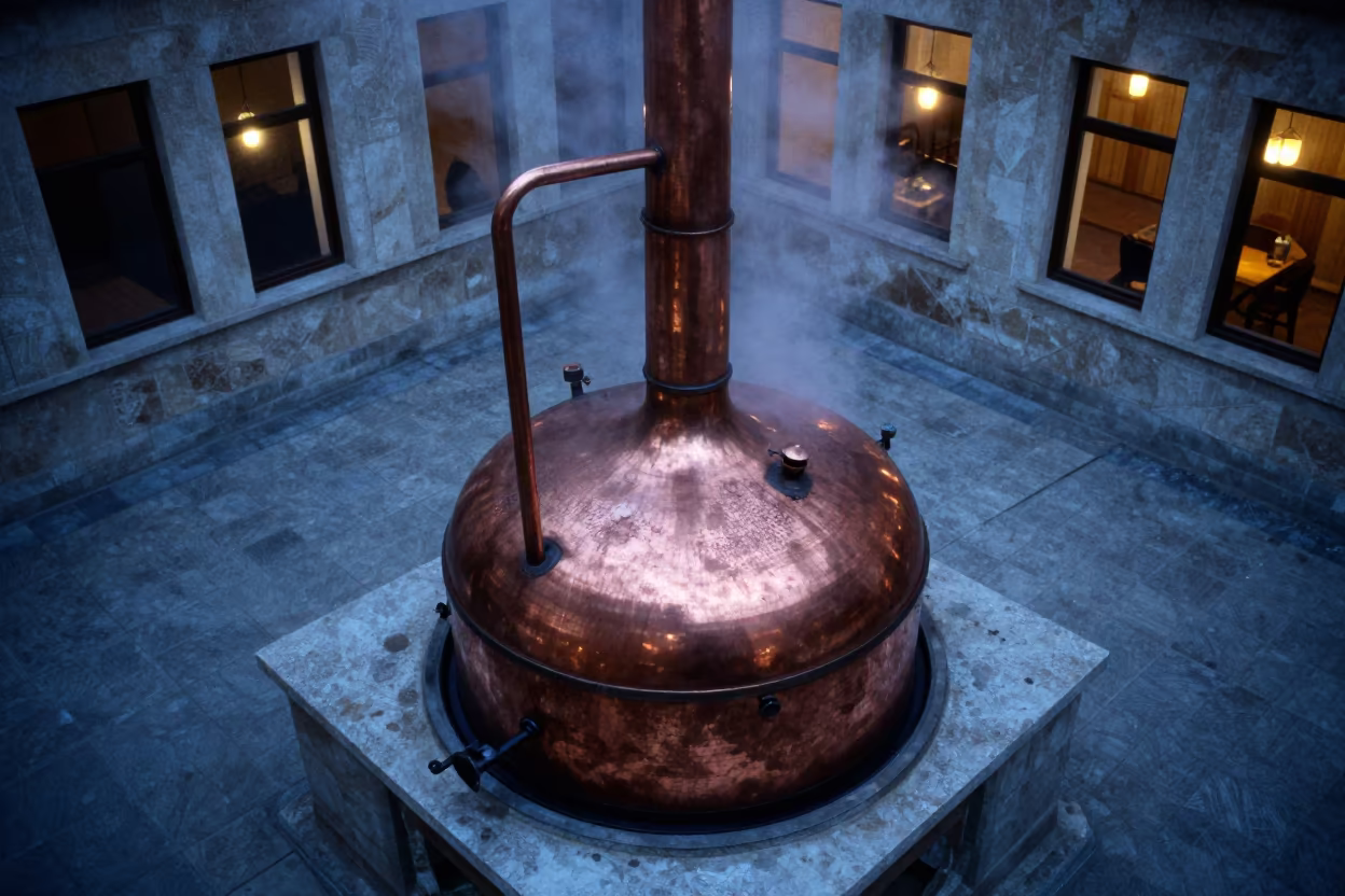 Steaming Maple Evaporator Winter Display in on a museum plinth in Kahramanmaraş